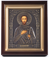 Икона в киоте 15х19 сложный, темпера, риза патинированая Александр Невский