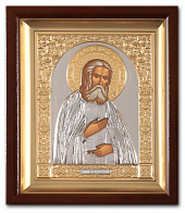 Икона в киоте 15х19 сложный, темпера, риза объёмная, никель, золочение Серафим Саровский