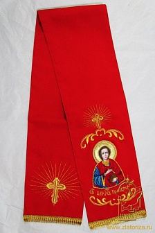 Закладка для служебных книг, с иконой Великомученика Пантелеимона, вышитая, красная + золото, шир. 16 см. + золото, 14,5 см
