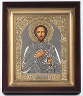 Икона в киоте 15х19 сложный, темпера, риза объёмная, никель, золочение Александр Невский