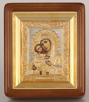 Икона фото в киоте 11х13 риза №8 золоченая, золоченый подрамник Владимирская БМ