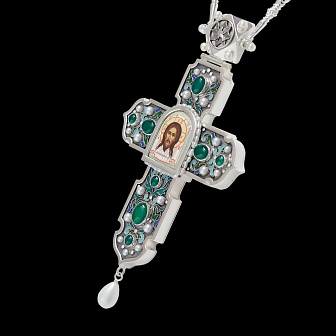 Крест наперсный №1415 / Фианиты деколь, эмаль / серебрение