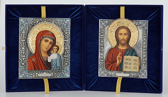 Складни живописные в футляре 24х30 темпера, ризы №1, №24 черненое серебрение, эмаль (бархат) Спаситель-Казанская БМ