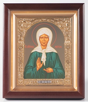 Икона в киоте 15х19 сложный темпера №8 рамка фигурная золочёная Матрона Московская