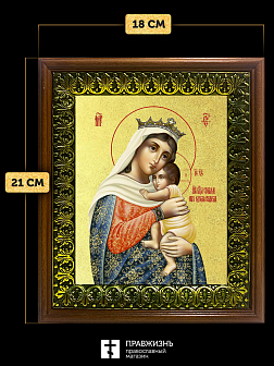 Икона Божией Матери Отчаяных Единая Надежда с золочением, деревянная рамка с басмой и стеклом 18х21х