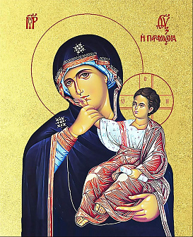 Икона Божией Матери Отрада и Утешение с золочением, деревянная рамка с басмой и стеклом 18х21х2,5 см