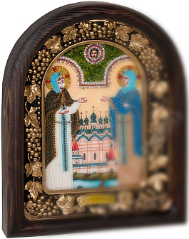 Икона Петр и Феврония из бисера в деревянном киоте
