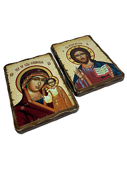 Венчальные иконы Спаситель и Казанская на дереве под старину 13х17 см