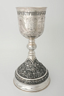 Потир 0.75л ручная гравировка с 4мя-ликами, чеканка / поддон 1, 5л потира / серебро (УИН)