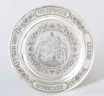 Дискос с поддискосником ручная гравировка, чеканка, 4-финифти / квадратные / ф280мм / золочение / серебро (УИН)