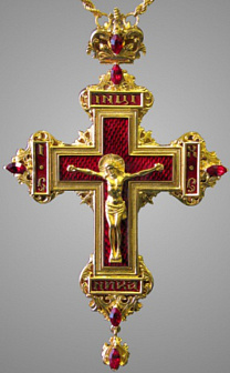 Золотой наперсный крест с эмалью