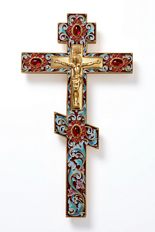 Крест напрестольный №2 филигрань, эмаль, литьевое распятие / золочение