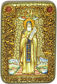 Настольная икона ''Преподобный Никита Столпник, Переславский чудотворец'' на мореном дубе