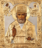 Икона живописная в ризе 24х30 масло, объемная риза №111, золочение Николай Чудотворец