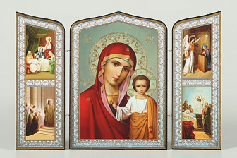 Складни деревянные 19х28 трёхстворчатые, двойное тиснение, фигурные, в упаковке Казанская БМ