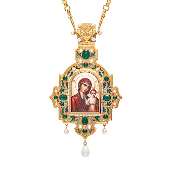 Панагия №1415 / Фианиты деколь, эмаль / золочение / Казанская БМ