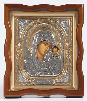 Икона в киоте 18х24 фигурный №4 темпера, риза объёмная, никель, золочение Казанская БМ Икона в киоте 18х24 фигурный №4 темпера, риза объёмная, никель, золочение Казанская БМ