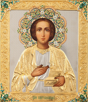 Икона живописная великомученика и целителя Пантелеимона 26х30, масло, риза №222, эмаль, золочение Икона живописная великомученика и целителя Пантелеимона 26х30, масло, риза №222, эмаль, золочение