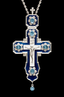 Крест наперсный №106 литьевое распятие, эмаль, гильяш / серебрение