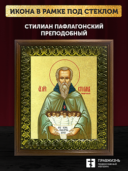 Икона Стилиан Пафлагонский преподобный с золочением, деревянная рамка с басмой и стеклом 18х21х2,5 с Икона Стилиан Пафлагонский преподобный с золочением, деревянная рамка с басмой и стеклом 18х21х2,5 с