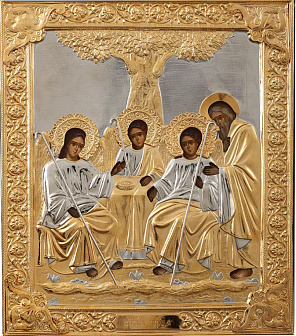 Икона живописная Святой Троицы 24х30, масло, риза №228, золочение