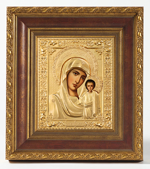 Икона живописная в киоте 18х24 масло, риза №241, матовое глянцевое золочение, киот №22 Казанская БМ Икона живописная в киоте 18х24 масло, риза №241, матовое глянцевое золочение, киот №22 Казанская БМ