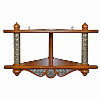 Полка для икон деревянная двухъярусная угловая средняя с басмой