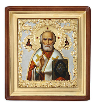 Икона живописная в киоте 40х45 масло, риза №302, камни, киот №1 Николай Чудотворец Икона живописная в киоте 40х45 масло, риза №302, камни, киот №1 Николай Чудотворец