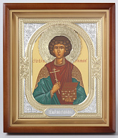 Икона в киоте 18х24 сложный, темпера, венчик, риза-рамка №1 Пантелеимон