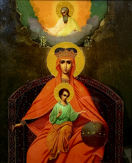 Икона Божией Матери Державная с золочением, деревянная рамка с басмой и стеклом 18х21х2,5 см 014