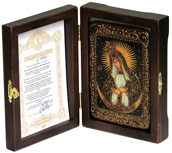 Настольная икона ''Образ Пресвятой Богородицы «Остробрамская (Виленская)»'' на мореном дубе