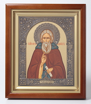 Икона в киоте 15х19 сложный, темпера, венчик, рамка фигурная, патинированая Сергий Радонежский (золотой фон)