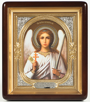 Икона в киоте 18х24 фигурный, двойное тиснение, риза-рамка частично золочёная Ангел Хранитель (поясной) №4