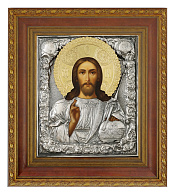 Икона живописная в киоте 24х30 масло, риза № 76, черненое серебрение, киот №22 Спаситель