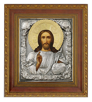 Икона живописная в киоте 24х30 масло, риза № 76, черненое серебрение, киот №22 Спаситель