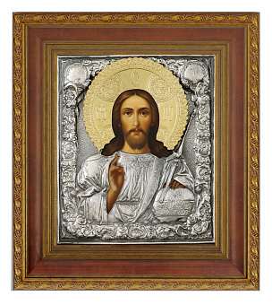 Икона живописная в киоте 24х30 масло, риза № 76, черненое серебрение, киот №22 Спаситель