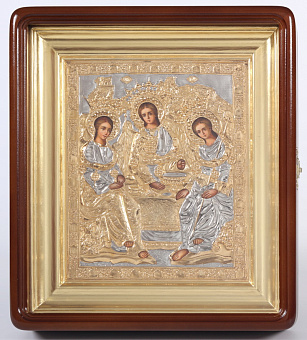 Икона живописная в киоте 18х24 масло объемная риза №273 золочение золоченый подрамник Троица