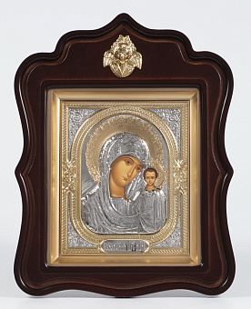 Икона в киоте 18х24 фигурный с навершием, темпера, риза объемная, частично золочёная Казанская БМ Икона в киоте 18х24 фигурный с навершием, темпера, риза объемная, частично золочёная Казанская БМ