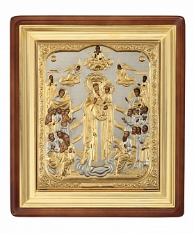 Икона живописная в киоте 60х75 масло, объемная риза №182 золочение, золоченый подрамник