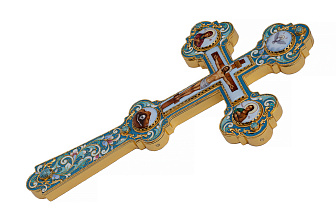 Крест напрестольный №6 сложный малый 5-финифтей, филигрань, эмаль, хим.гравировка / золочение