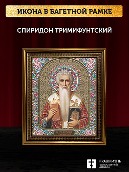 Икона Спиридон Тримифунтский, бронзовая багетная рамка узкая с узором 15х18 см