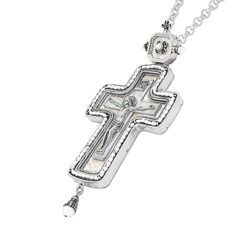 Крест наперсный №185 литьевое распятие, перламутр / серебрение