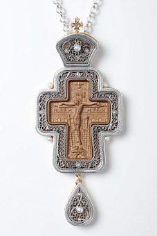 Крест наперсный филигрань №0034 двойной рант,коробка,узор, резьба по дереву /золочение,серебрение/