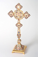 Крест напрестольный на подставке, финифть, филигрань, роспись, гравировка / золочение