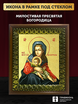 Икона Божией Матери Милостивая с золочением, деревянная рамка с басмой и стеклом 18х21х2,5 см 1120