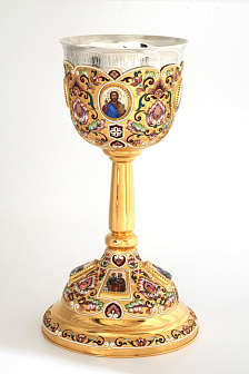 Потир 3.0л 8-финифтей, филигрань, эмаль, роспись, чеканка №6 / золочение / серебряный стакан (УИН)