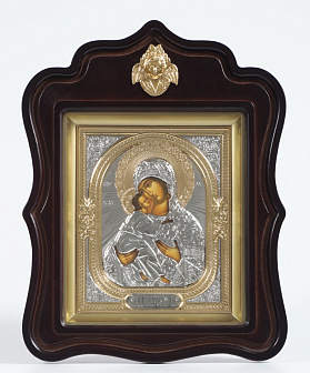 Икона в киоте 18х24 фигурный с навершием, темпера, риза объемная, частично золочёная Владимирская БМ Икона в киоте 18х24 фигурный с навершием, темпера, риза объемная, частично золочёная Владимирская БМ