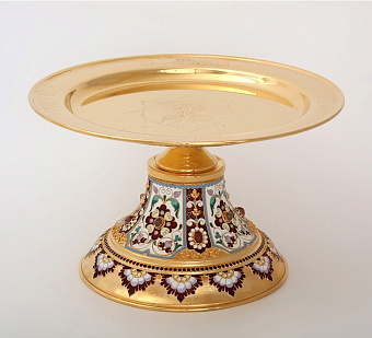 Дискос с поддискосником / ф280мм-1, 5л"№10" / филигрань, эмаль, ручная гравировка / золочение Дискос с поддискосником / ф280мм-1, 5л"№10" / филигрань, эмаль, ручная гравировка / золочение