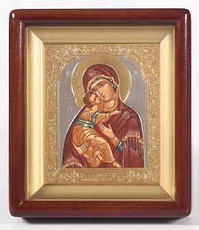 Икона живописная в киоте 11х13 масло, риза открытая, латунь, золочение, киот №2 Владимирская БМ