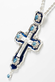 Крест наперсный №106 литьевое распятие, эмаль, гильяш / серебрение